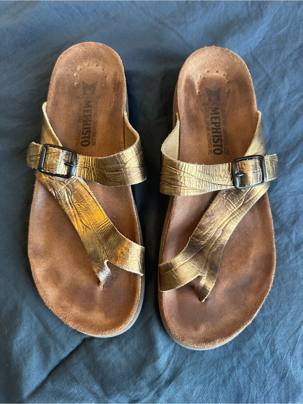 Mephisto Metallic Gold Leather Helen Slide Sandals - Size 40